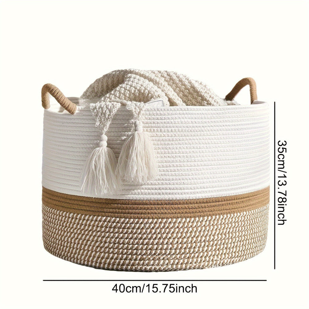Boho Cotton Storage Basket – Woven Rope Handles, 35×40cm & Cream Striped Design