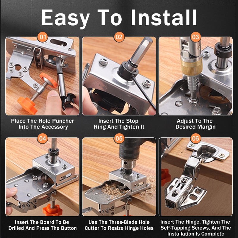 Door Hinge Drill Jig – Stainless Steel, Adjustable Edge Guide for 1-3cm Boards