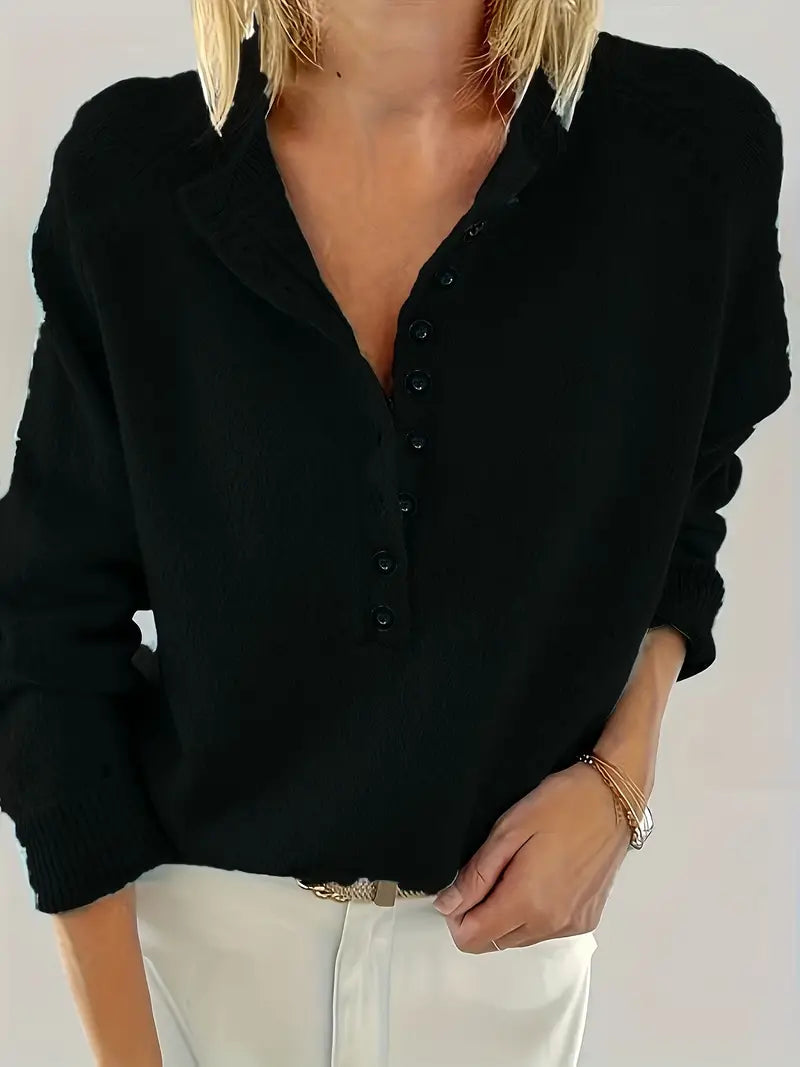 Caroline Soldier Pullover with Half Button Placket - Stylish Women's Sweater