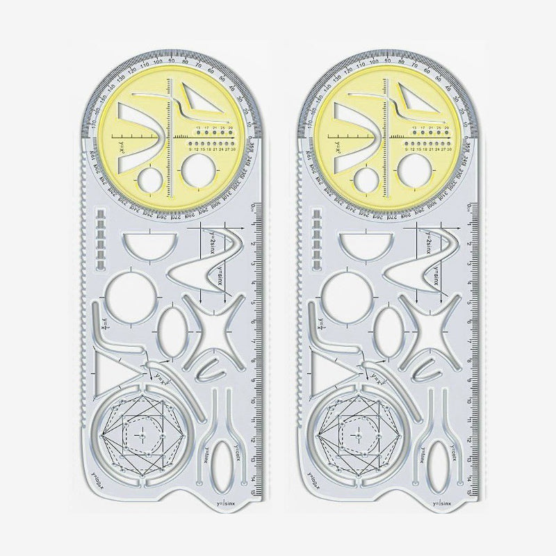 Geometry Ruler with Protractor – Transparent PP, Rotating Angle & Shape Stencils