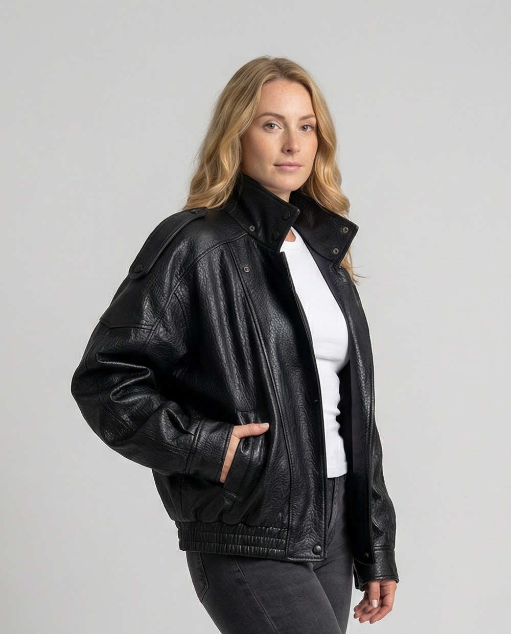 Women's notch lapel leather jacket, view 2