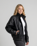 Women's notch lapel leather jacket, view 2