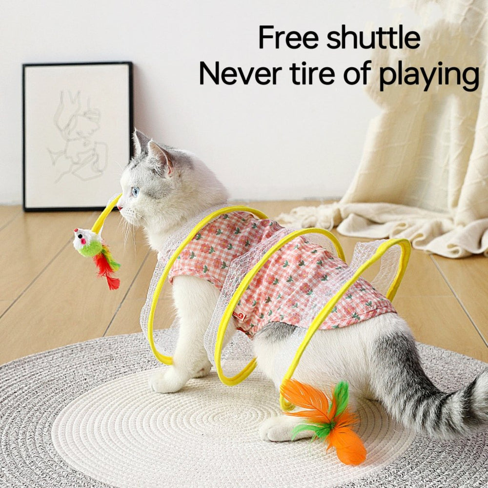 Cat Play Tunnel with Feathers & Balls – Collapsible Sisal, Interactive Hunting Toy