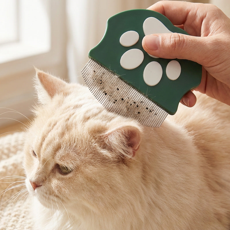 Pet Grooming Comb – Fine Metal Teeth, Ergonomic Paw Handle & Multi-Color