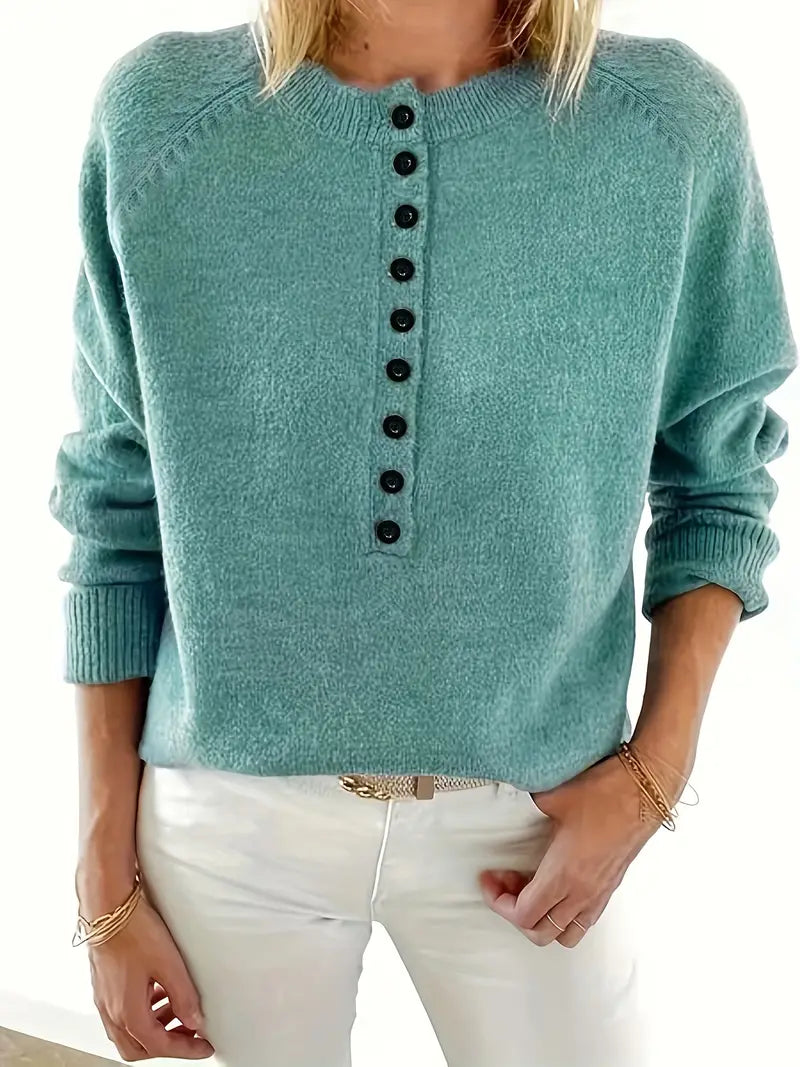 Caroline Soldier Pullover with Half Button Placket - Stylish Women's Sweater