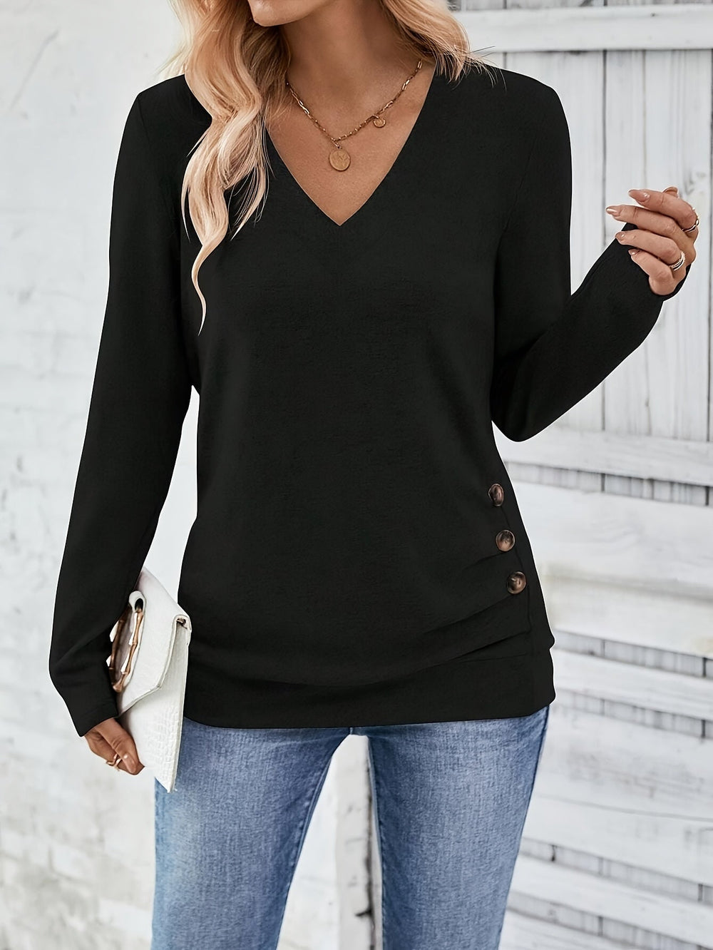 Ladies' sweater with V-neck and button detail – Iris - 12