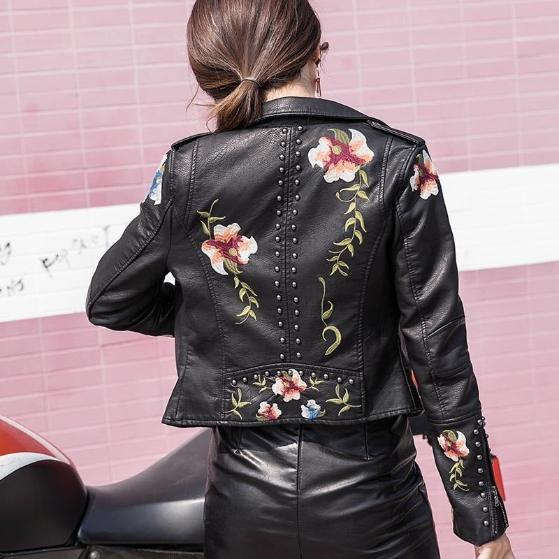 Embroidered women's faux leather biker jacket – Eleonora