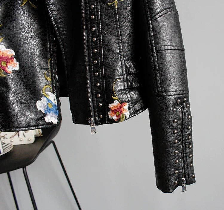 Embroidered women's faux leather biker jacket – Eleonora