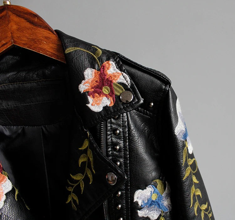 Embroidered women's faux leather biker jacket – Eleonora