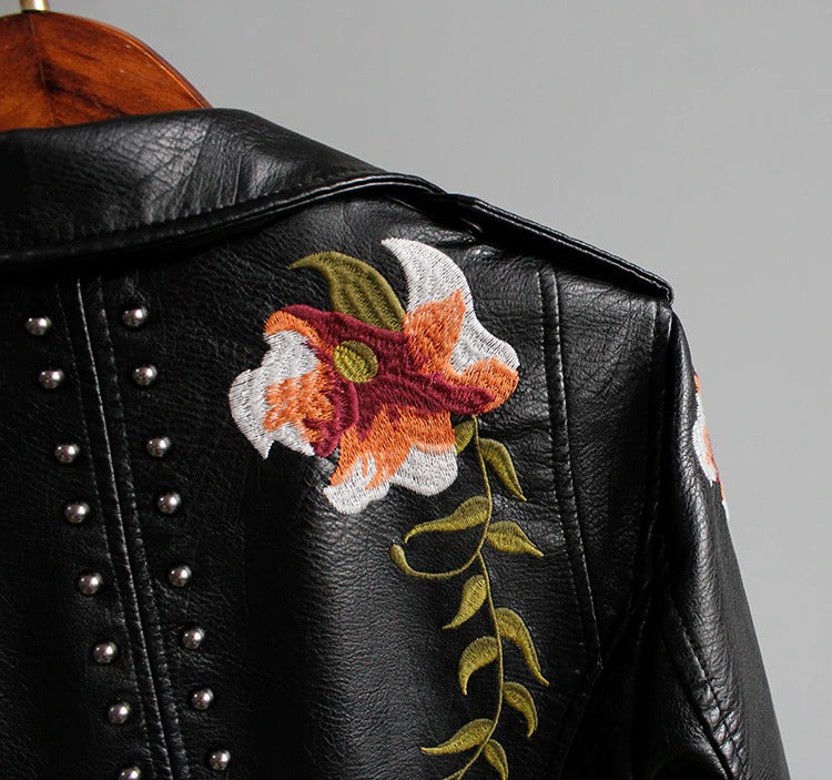 Embroidered women's faux leather biker jacket – Eleonora