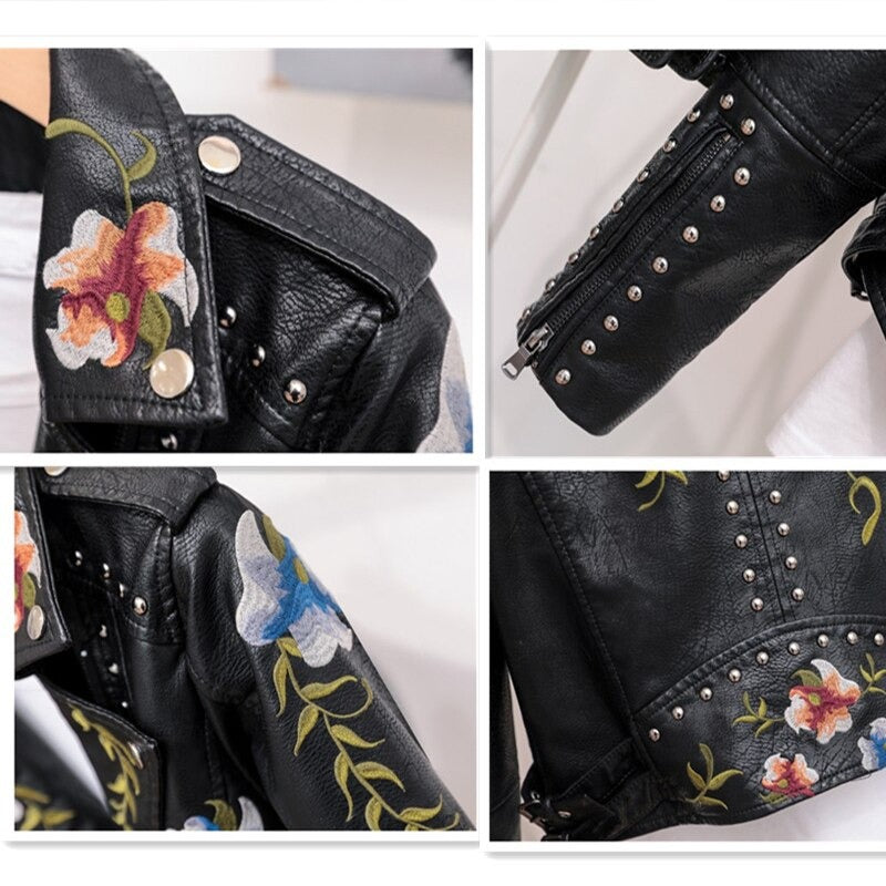 Embroidered women's faux leather biker jacket – Eleonora