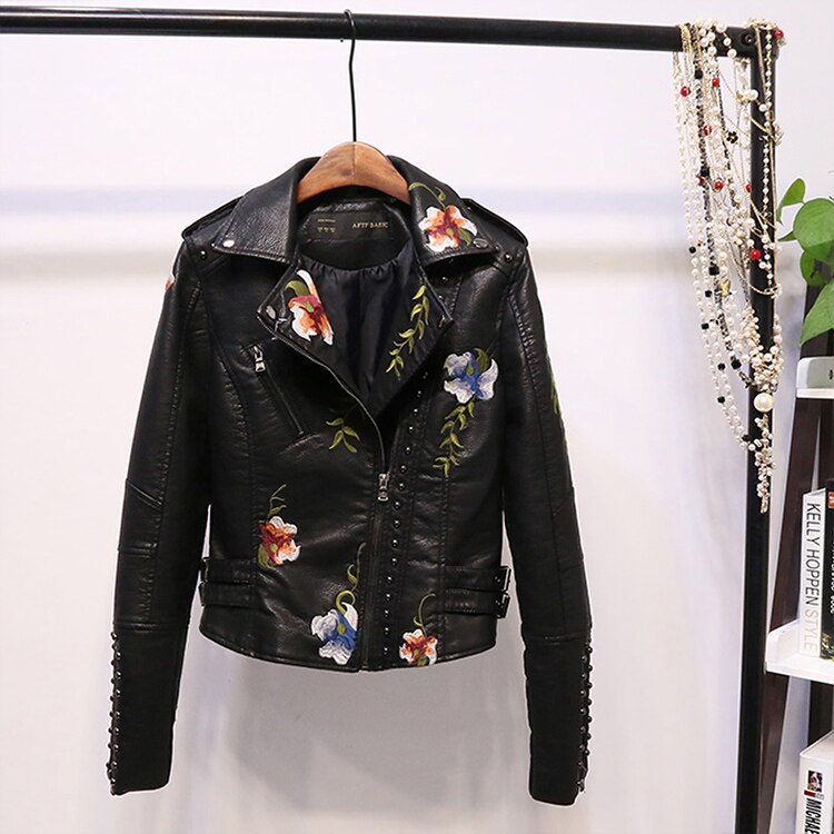Embroidered women's faux leather biker jacket – Eleonora