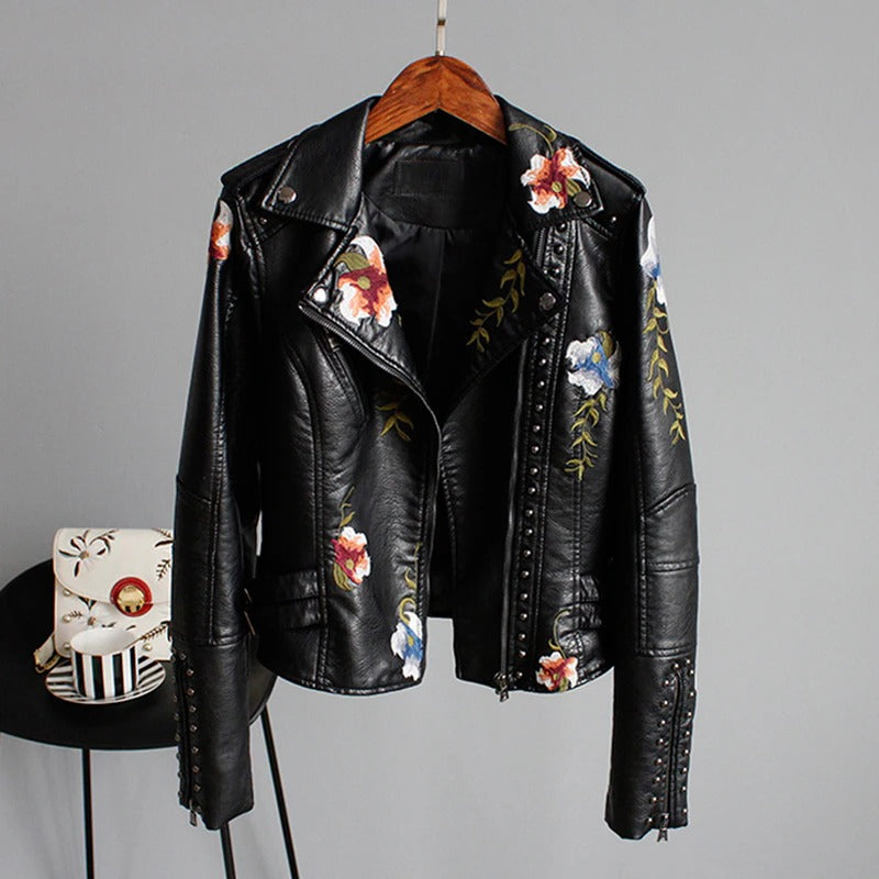 Embroidered women's faux leather biker jacket – Eleonora