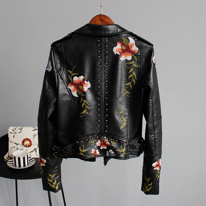 Embroidered women's faux leather biker jacket – Eleonora