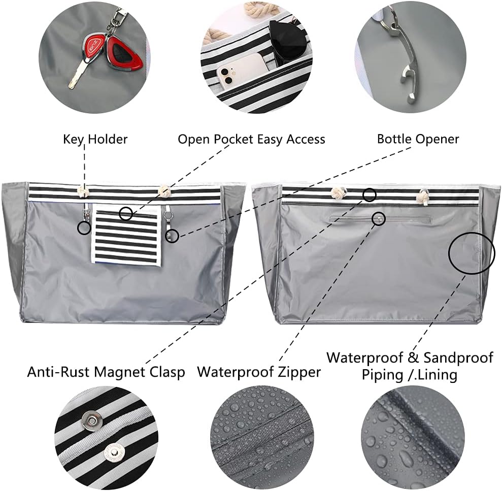 CoastCarry Beach Bag - Black and White Stripes Detail