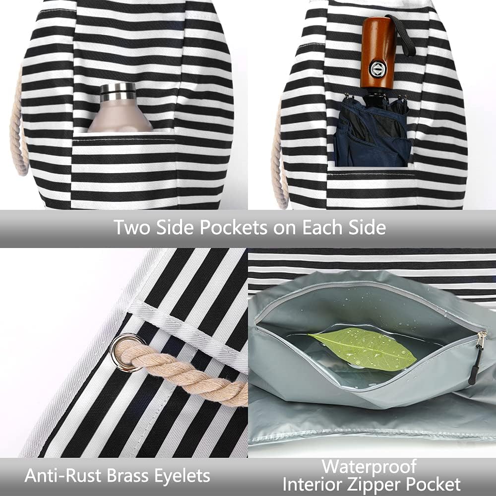CoastCarry Beach Bag - Black and White Stripes Detail