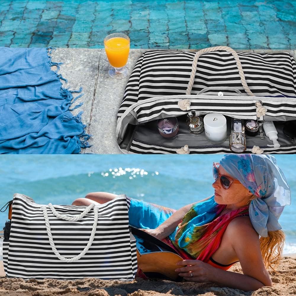 CoastCarry Beach Bag - Black and White Stripes Detail