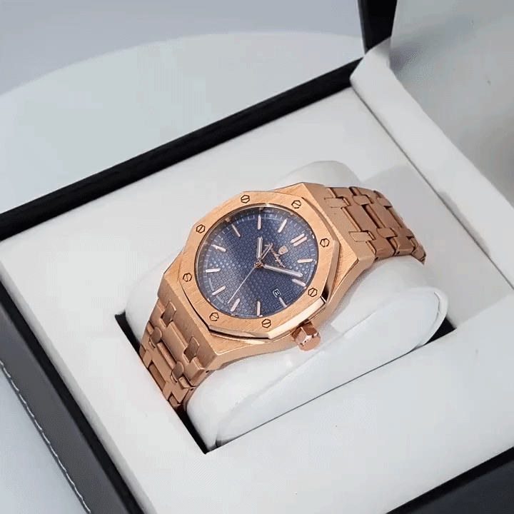 Men's Stainless Steel Watch – Textured Dial, Quartz Movement & Link Bracelet
