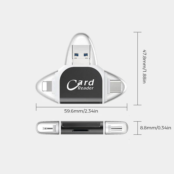 4-in-1 Memory Card Reader – USB, USB-C, Micro-USB & Lightning, SD & MicroSD
