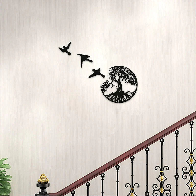 Tree of Life Metal Wall Art – Black Steel, Ø29cm & Bird Family Design