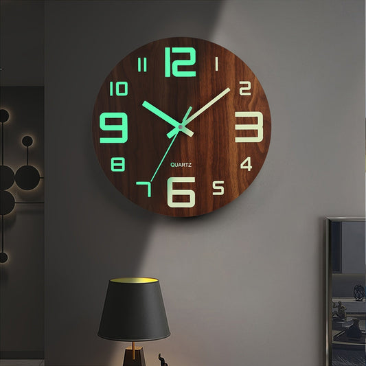 Wooden Wall Clock – Walnut Finish, Glow-In-The-Dark Design & Silent Quartz Movement