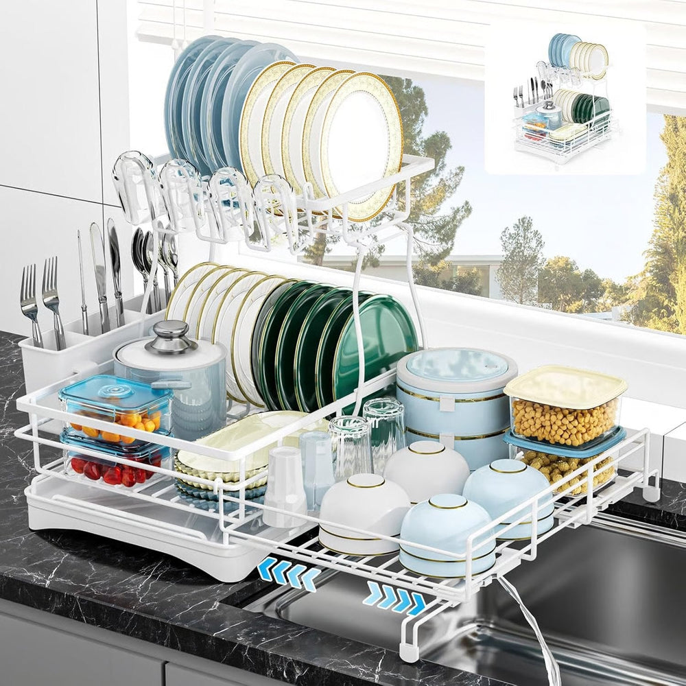 2-Tier Dish Drying Rack – Expandable, Drip Tray & Cutlery Holder