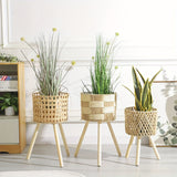 Bohemian Bamboo Woven Flower Stand | Handcrafted Rattan Planter with Wooden Legs