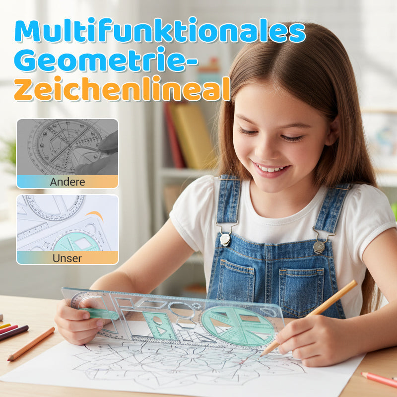 Geometry Ruler with Protractor – Transparent PP, Rotating Angle & Shape Stencils
