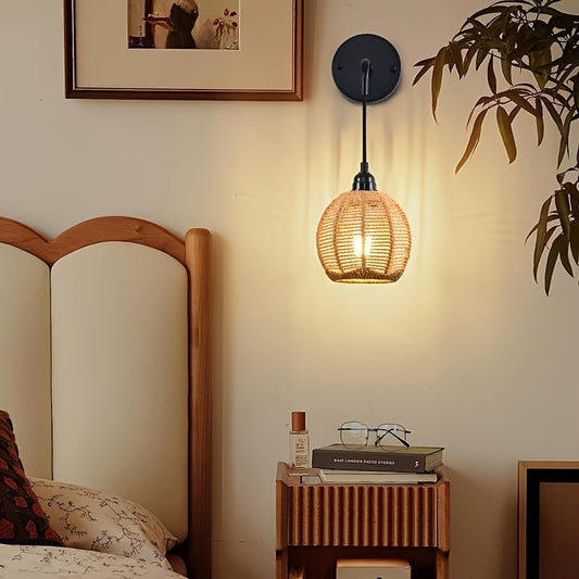 Rattan Wall Lamp – Bohemian Handwoven Design, Adjustable Arm & Polished Black Metal Finish
