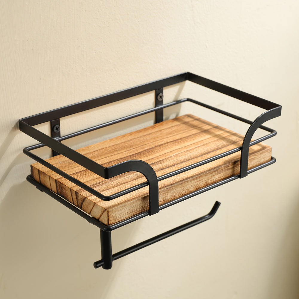 Stylish Metal & Wood Wall Shelf with Toilet Paper Holder – Modern Bathroom Storage Solution