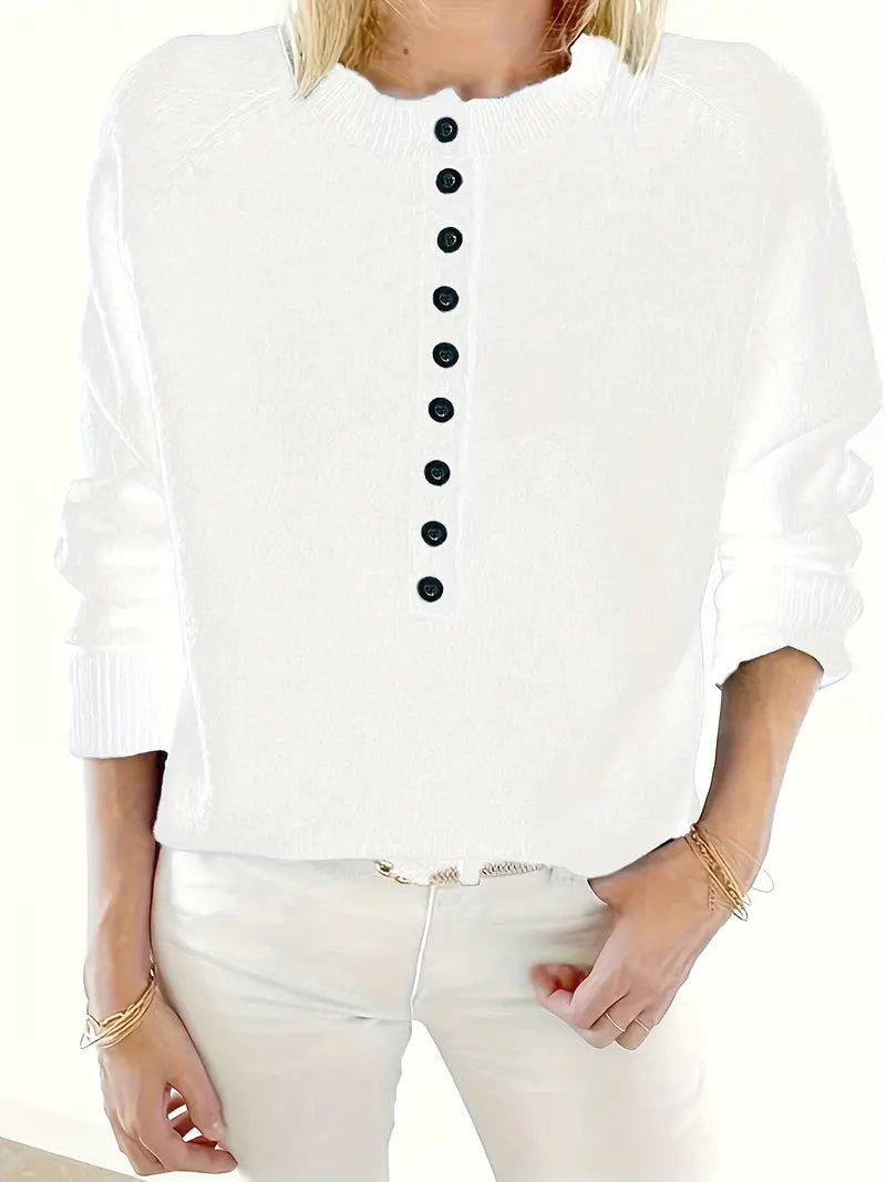Caroline Soldier Pullover with Half Button Placket - Stylish Women's Sweater