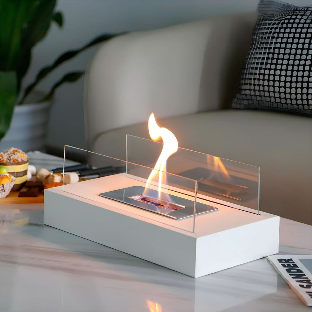 Bio-Ethanol Table Fireplace – Tempered Glass & Steel, 28×14×14 cm, Smokeless Flame