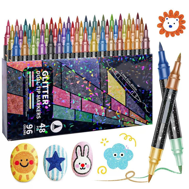 Dual-Tip Glitter Marker Pens – Brush & Fine Tip, Non-Toxic Water-Based Ink