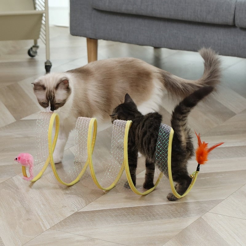 Cat Play Tunnel with Feathers & Balls – Collapsible Sisal, Interactive Hunting Toy