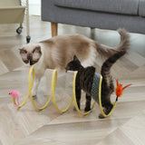 Cat Play Tunnel with Feathers & Balls – Collapsible Sisal, Interactive Hunting Toy