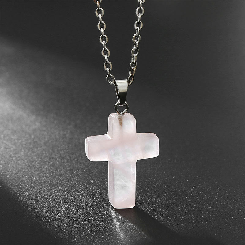 Seraphina Cross Necklace - Rose Quartz