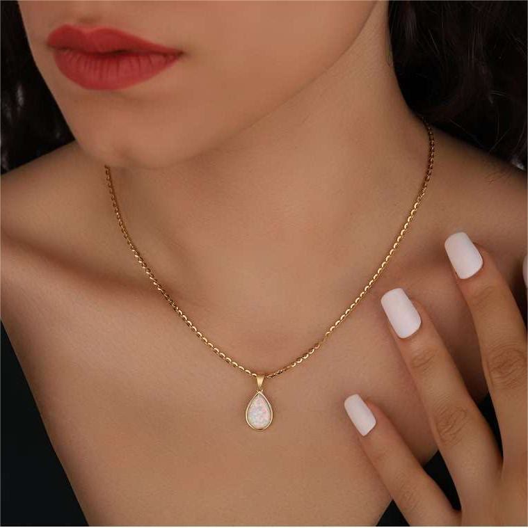 18K Natural Opal Teardrop Pendant Necklace - Eloise