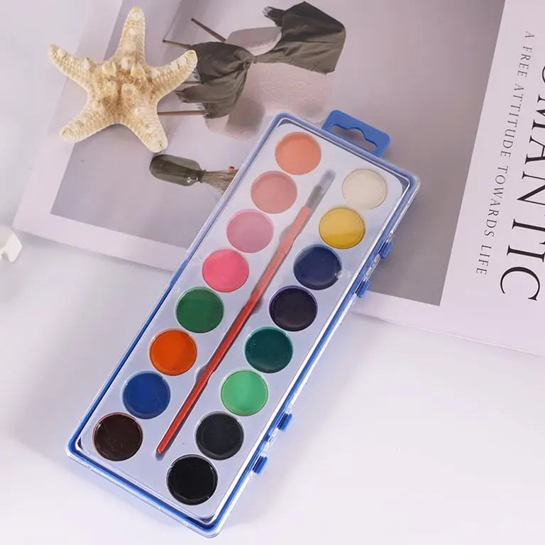 Watercolor Paint Set with Workbook – 16 Colors, Round Brush & 12 Bird Motifs