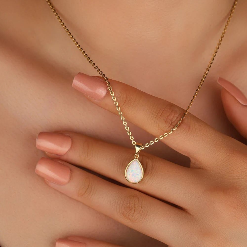 18K Natural Opal Teardrop Pendant Necklace - Eloise