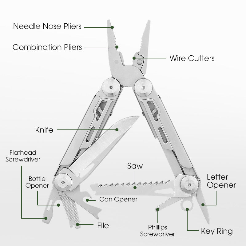 12-in-1 Multitool – 3Cr13 Stainless Steel, Pliers, Knife, Saw & Screwdriver