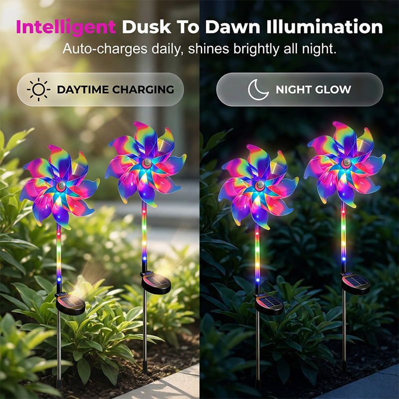 Solar Garden Wind Spinner – LED Lights, Weatherproof, 8-Hour Runtime, Ground Stake