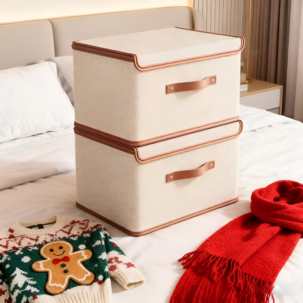Foldable Storage Box – Lid, Leather Handles & Water-Resistant Oxford Fabric