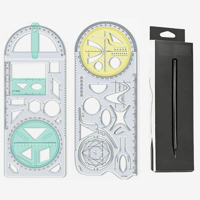 Geometry Ruler with Protractor – Transparent PP, Rotating Angle & Shape Stencils