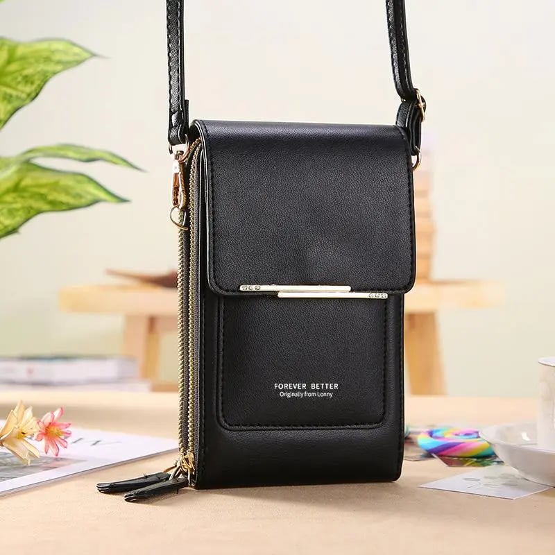 Phone Crossbody Bag with Touchscreen Window – Faux Leather, Card Slots, Fits to 16.5cm