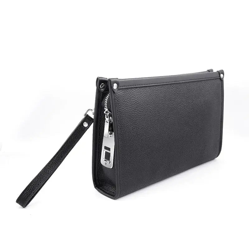 Men's Black Genuine Leather Business Clutch with Fingerprint Lock – Stylish & Secure Executive Accessory