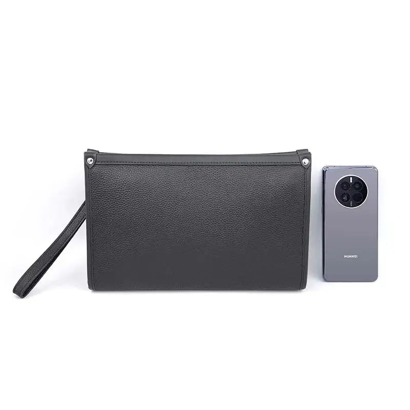 Men's Black Genuine Leather Business Clutch with Fingerprint Lock – Stylish & Secure Executive Accessory