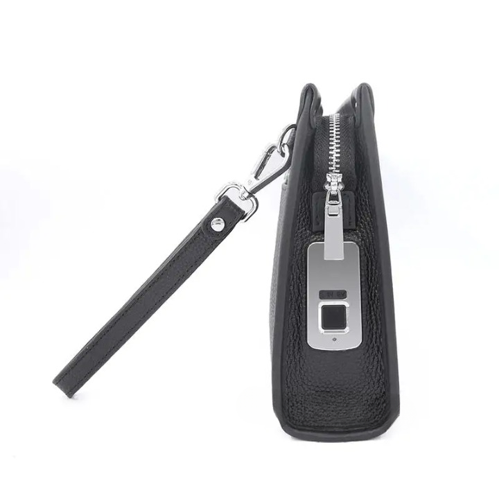 Men's Black Genuine Leather Business Clutch with Fingerprint Lock – Stylish & Secure Executive Accessory