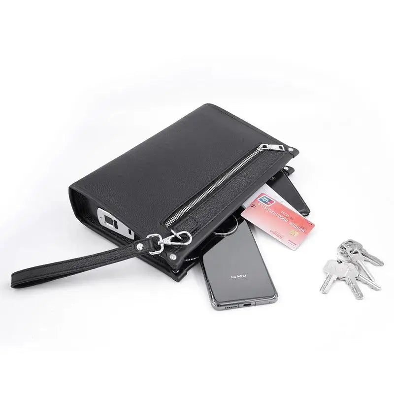 Men's Black Genuine Leather Business Clutch with Fingerprint Lock – Stylish & Secure Executive Accessory