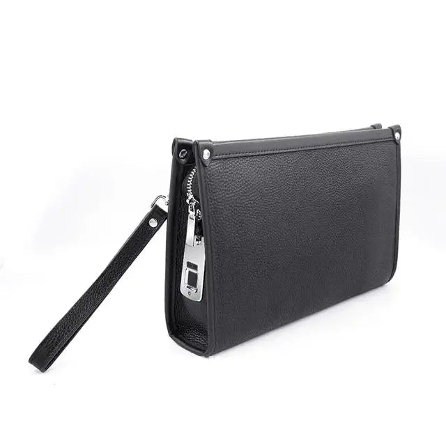 Men's Black Genuine Leather Business Clutch with Fingerprint Lock – Stylish & Secure Executive Accessory