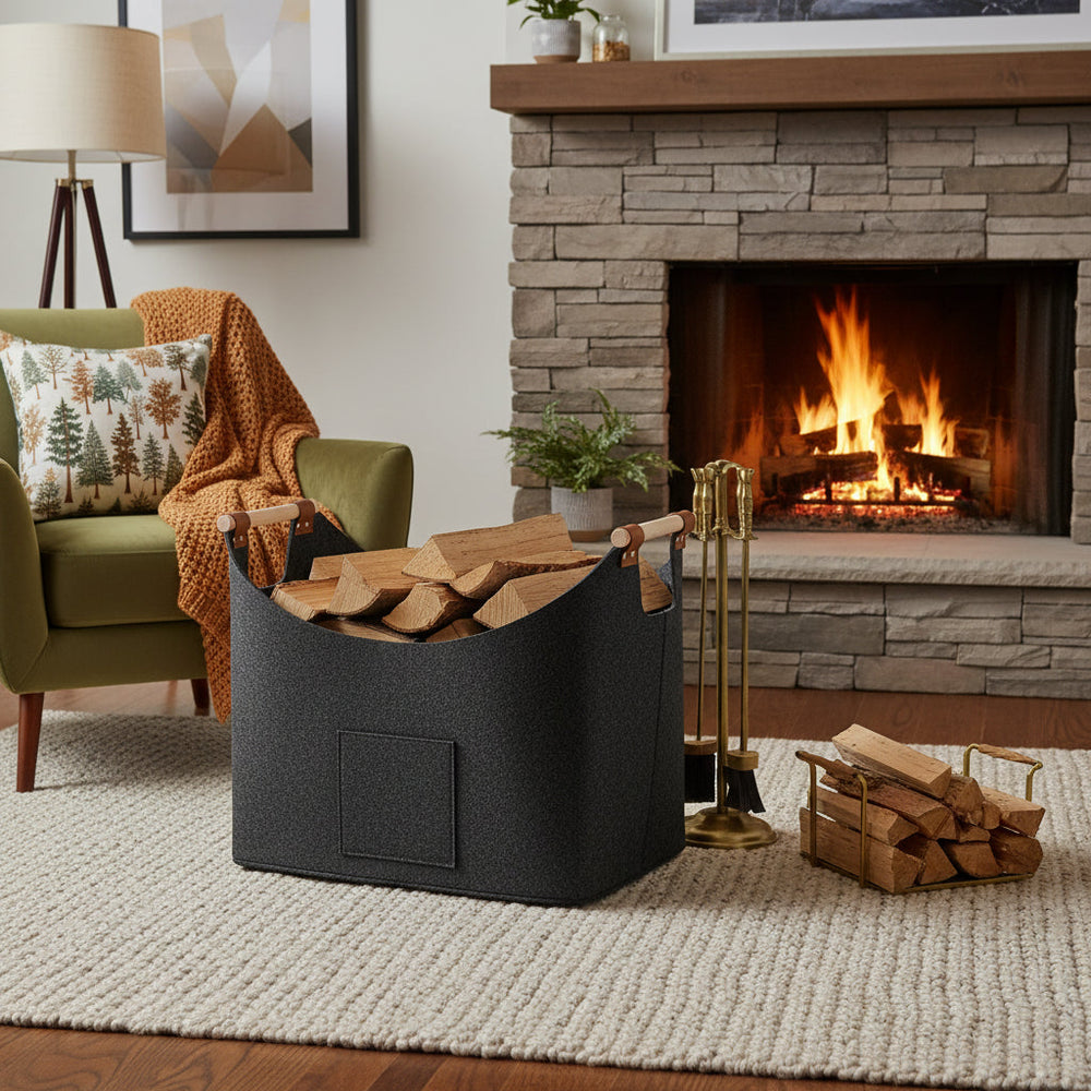 Firewood Carrier – Leather Handles, Felt Foldable Design & 55L Capacity